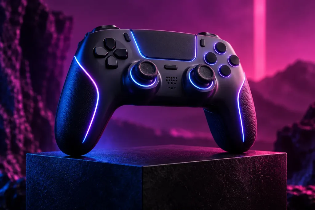 Conceptual game controller under violet and electric blue lighting