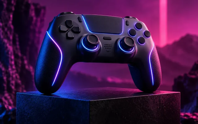 Conceptual game controller under violet and electric blue lighting
